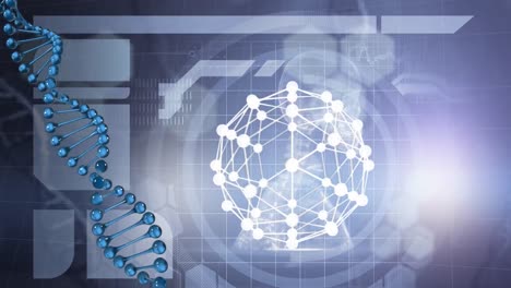 DNA-Struktur-Dreht-Sich-Und-Globus-Dreht-Sich-Vor-Medizinischer-Datenverarbeitung-Auf-Violettem-Hintergrund