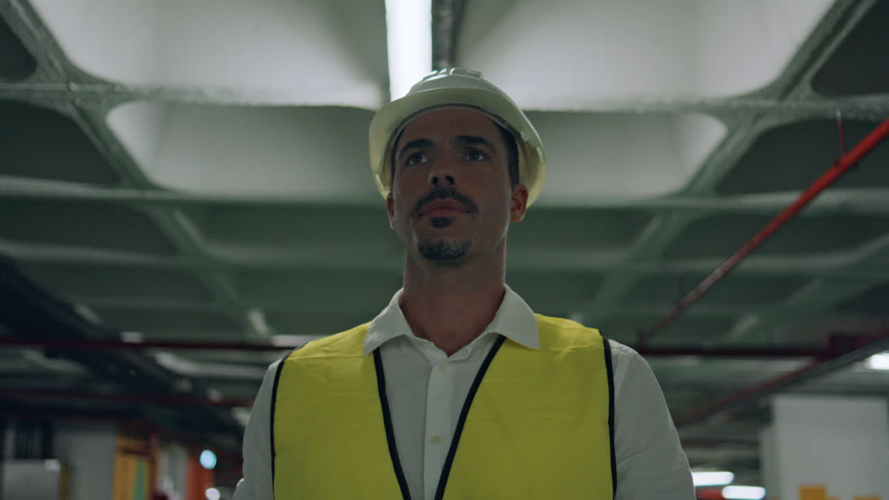 Primo piano di un ingegnere sicuro di sé che cammina in un parcheggio ispezionando l'area. Un uomo con l'elmetto.
