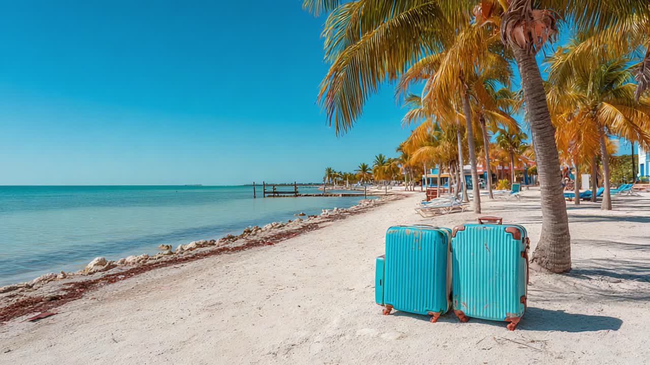 Una serena scena sulla spiaggia con un bagaglio turchese appoggiato sulla sabbia soffice, circondato da vivaci palme e dal mare calmo, che invita al relax e all'avventura