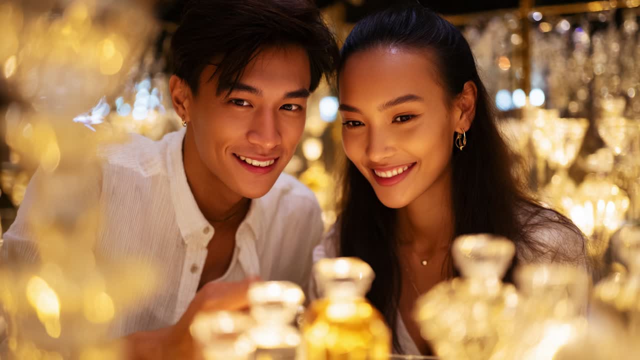 A Charming Couple Surrounded by Luxurious Fragrance Bottles Illuminated by Soft Lighting, Exuding Joy and Elegance as They Share a Moment in an Opulent Atmosphere of Refined Beauty