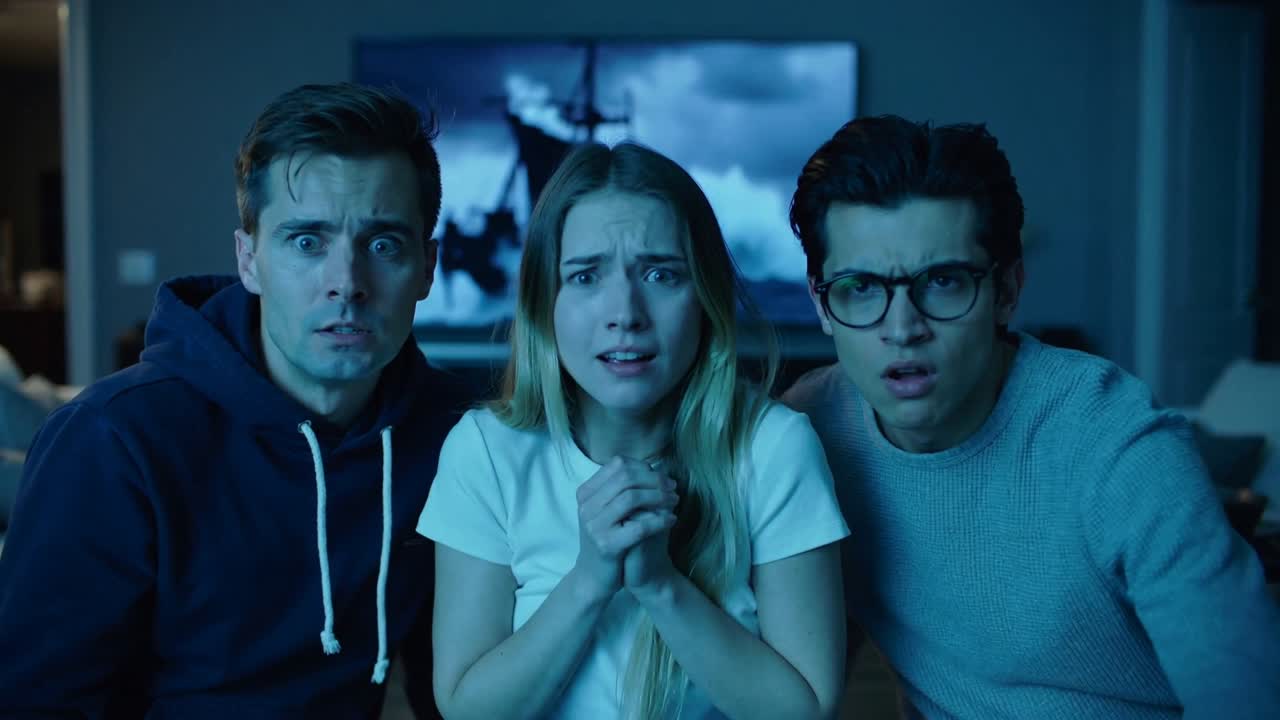 Watching three friends on couch at home leaning, clasping hands, reacting to stormy ship on TV