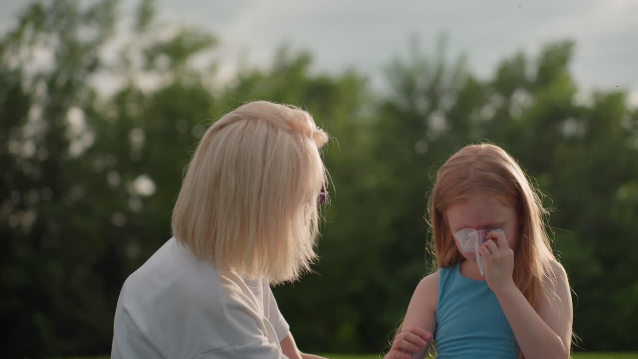 young girl wiping tears with tissue outdoors, sad expression with glistening eyes, soft sunlight and blurred green background creating quiet emotional moment of vulnerability and reflection