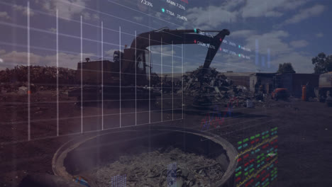 animation of graphs, trading boards, smoke from burning scrap, crane in junkyard against cloudy sky