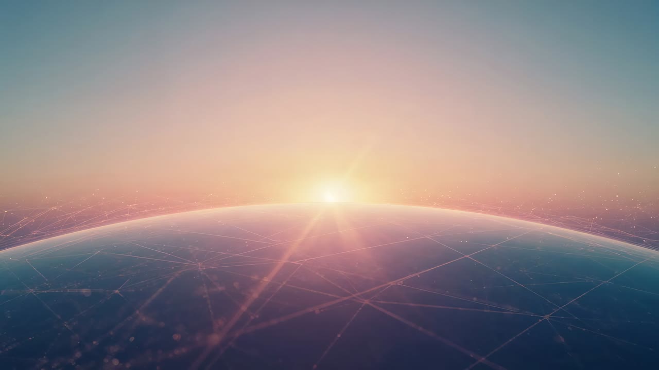 Sun rising along curved horizon from orbit, revealing faint crossing lines while expanding sky glow