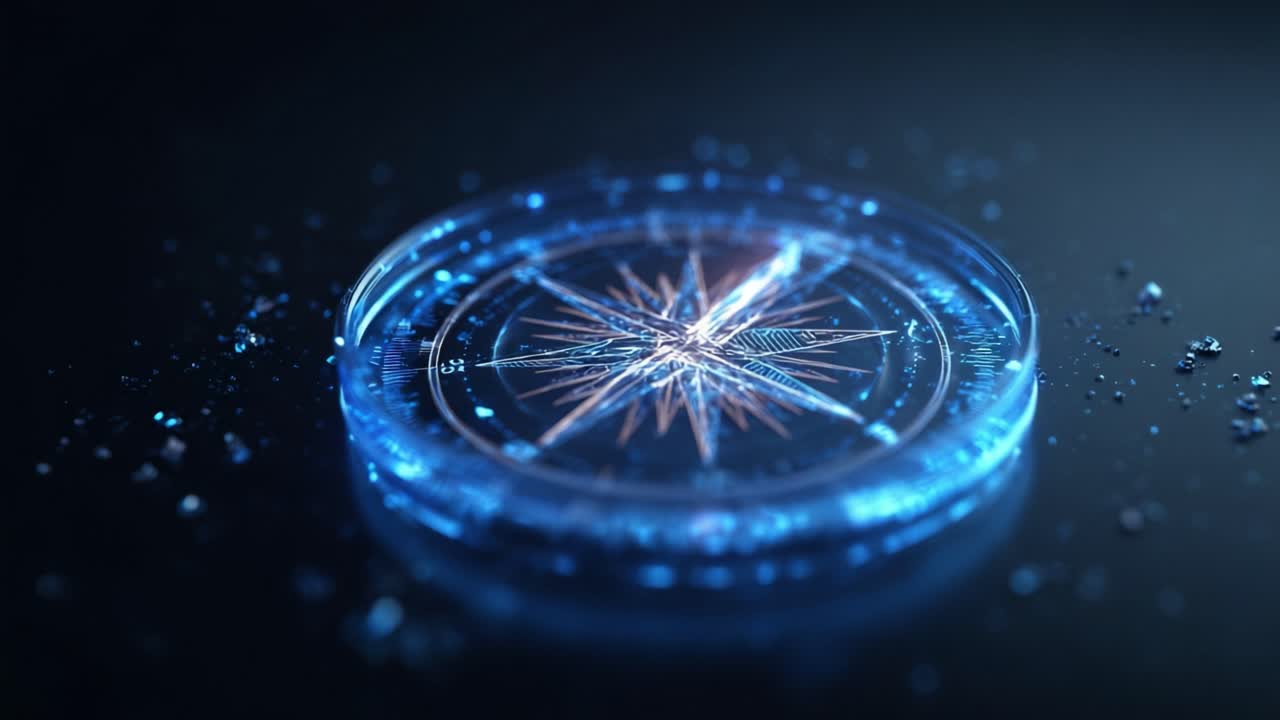 Glowing futuristic compass providing navigational guidance on a dark background. This advanced technology symbolizes direction, strategy, exploration, and finding the right path in business or life