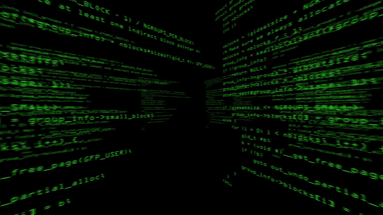 código de programa de computadora que se ejecuta en un espacio virtual. la cámara gira 360 grados. versión verde o negra