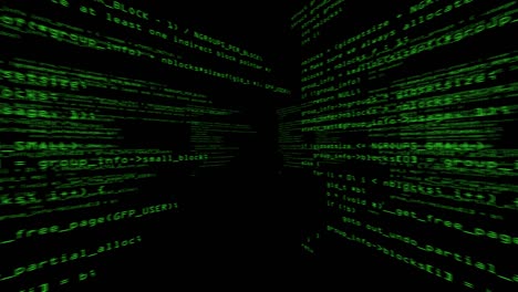 Computer program code running in a virtual space. Camera rotates 360 degrees. Green/black version