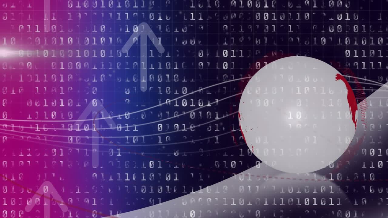 Animation of rotating globe over up arrows and binary codes against abstract background