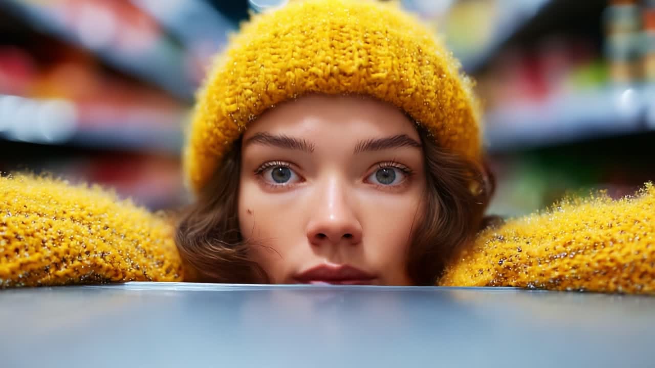 A Young Woman with Enigmatic Eyes and a Cozy Yellow Beanie Engaged in a Moment of Reflection in a Vibrant Grocery Store Aisle Filled with Colorful Products
