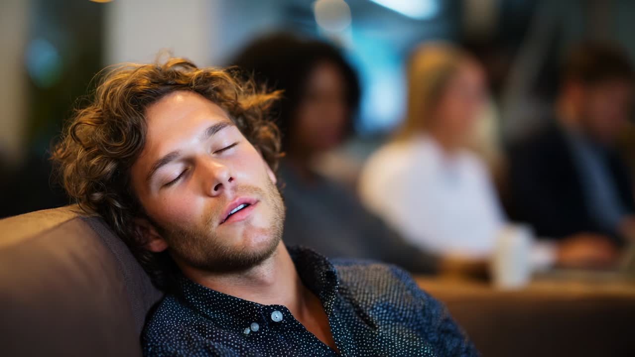 A young man with curly hair appears to be resting quietly in a cozy environment, demonstrating the peacefulness of an ambient moment and the importance of taking time for personal relaxation and rejuvenation