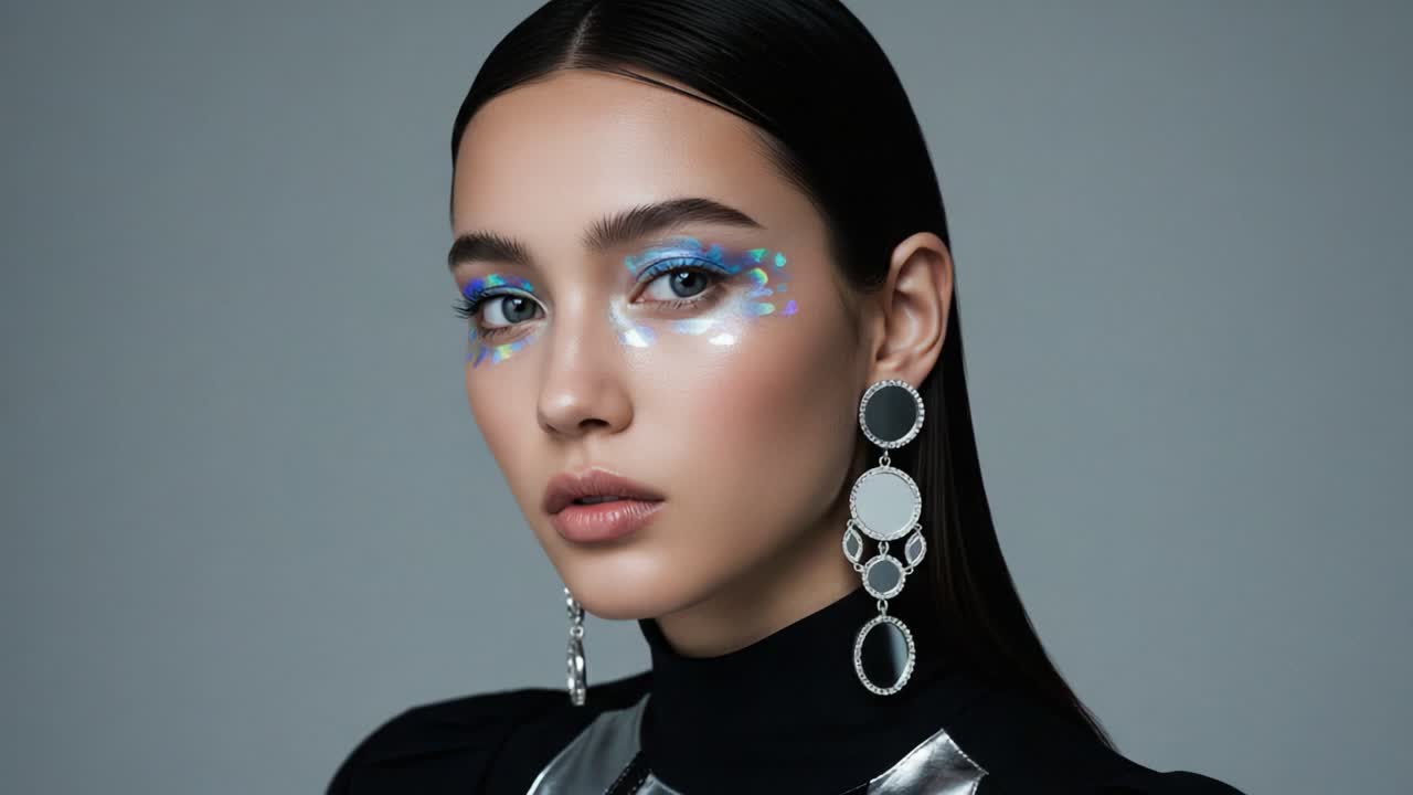 A Stunning Beauty Portrait Featuring Striking Blue Makeup Accents and Elegant Accessories, Capturing an Alluring Expression in a Minimalist Setting