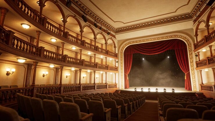 Sweeping camera moving through theater toward stage, lights coming on and revealing red curtains