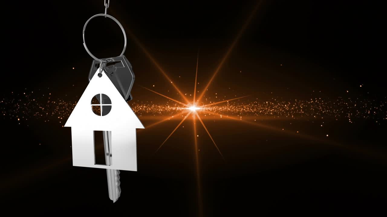 Descending metallic house-shaped keychain and keys rotating, showcasing front and back view in 3D