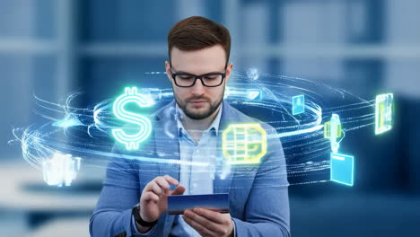 businessman interacting with holographic financial data