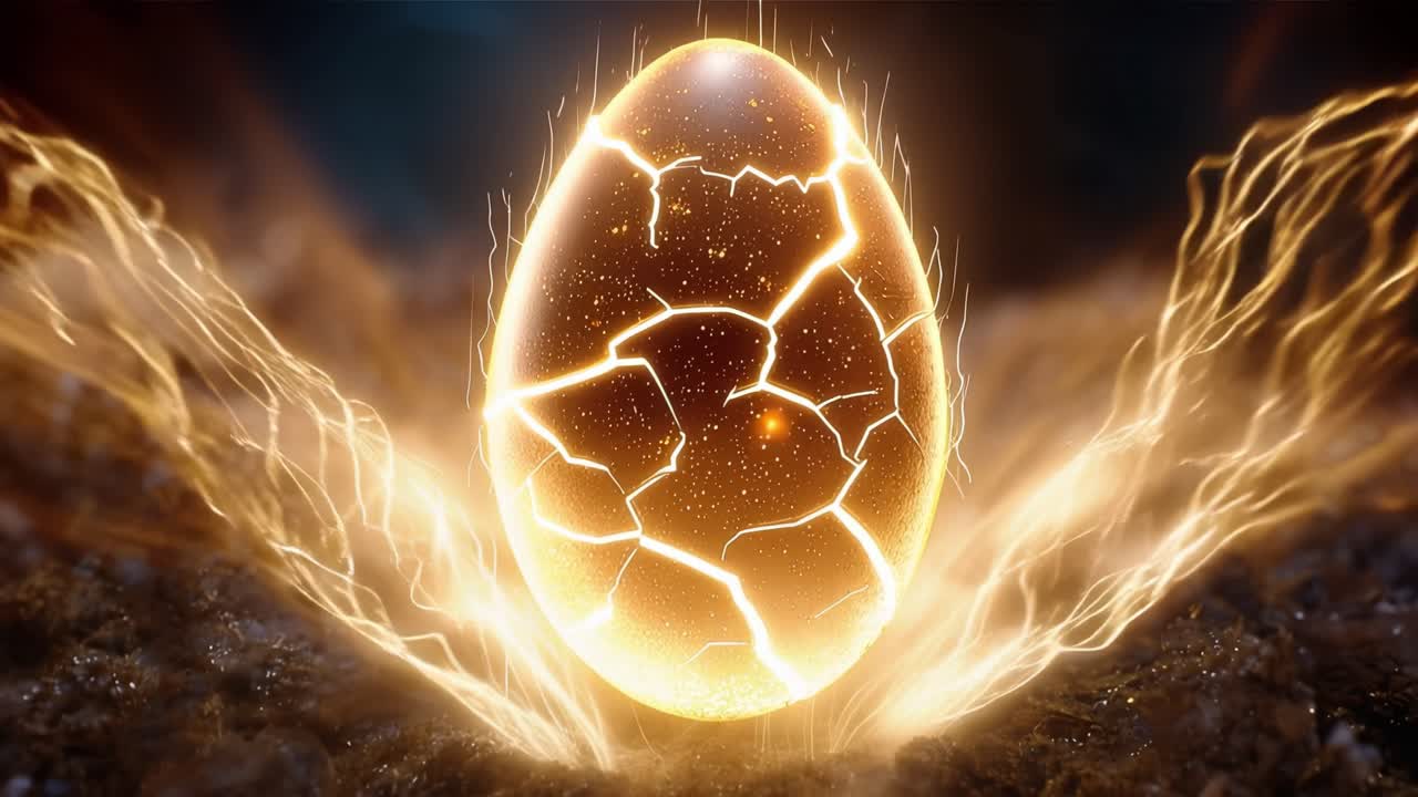Golden egg bursts, sparks fly, light floods dark earth. Earth shakes, energy pulses, ancient power awakens. Mysterious origin, cosmic birth, mythic energy erupts. Perfect for fantasy, spirituality