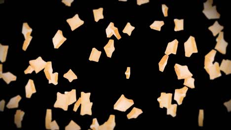 flying many plain bread slices on black background. foodstuff, food and eating concept. 3d animation of wheat bread slice rotating. loop animation.