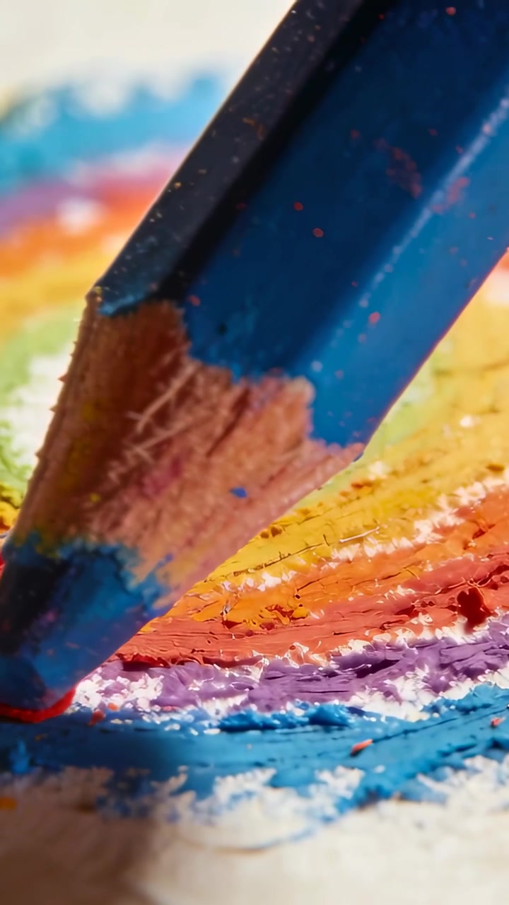 Video verticale: Inclinando una matita blu appuntita, trascinando un pastello arcobaleno su carta ruvida, aggiungendo un segno