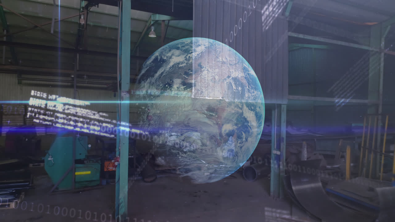 Animation of data processing and globe over rubbish dump