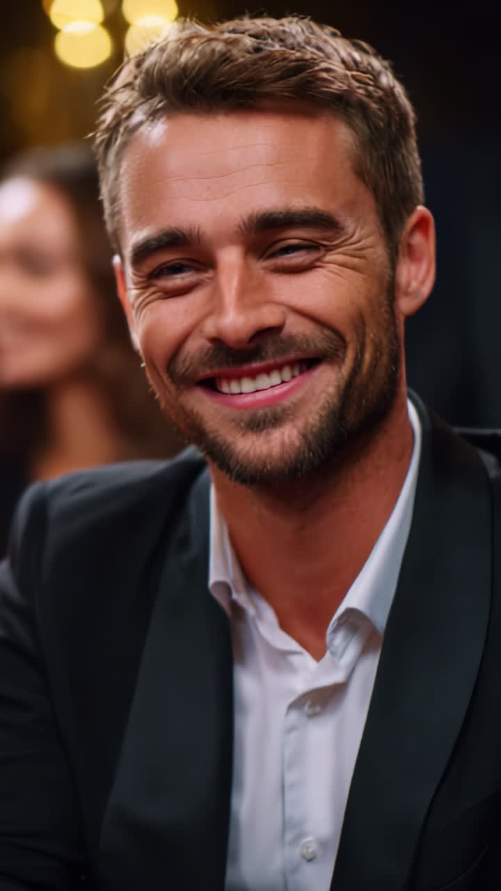 Un hombre encantador y sonriente con vestimenta formal capturando un momento alegre en una reunión festiva, rodeado de luces tenues y un ambiente cautivador