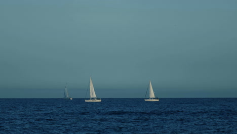 sailboats on a calm ocean at dusk
