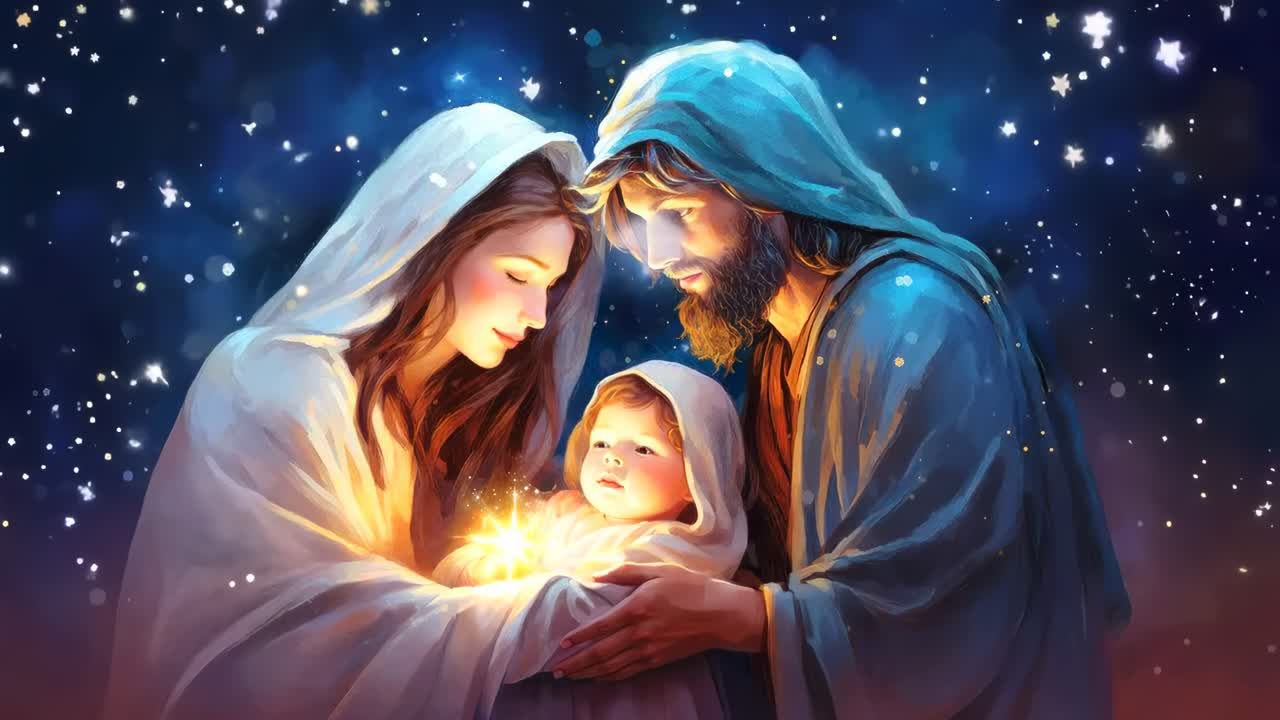 A serene, artistic depiction of a family under a starry sky, captured from a frontal angle