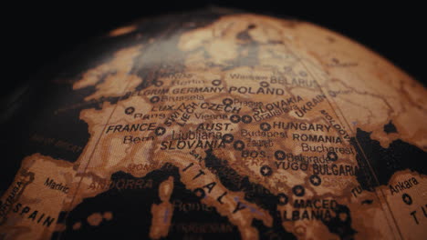 close-up of a vintage world globe, focused on europe.