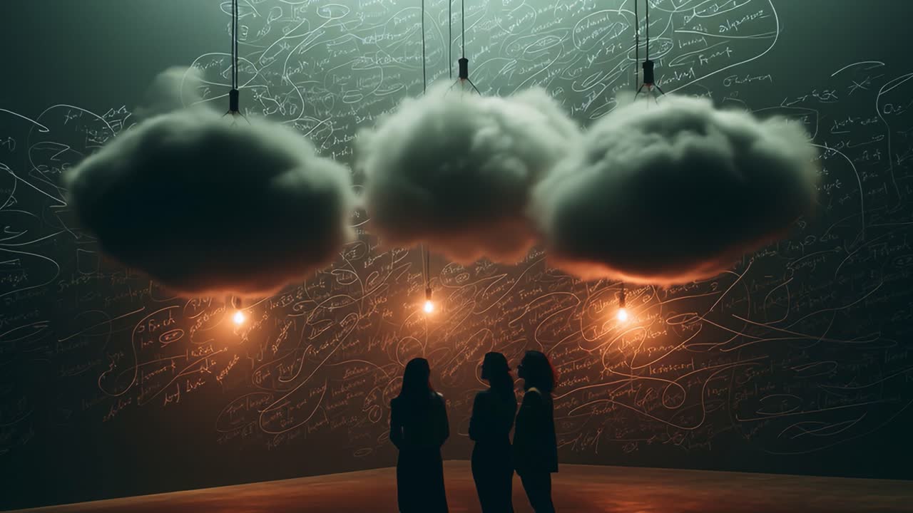 Three Silhouetted Figures Observing Dreamlike Cloud Installations Illuminated by Soft Light Against a Wall Covered in Intricate Mathematical and Abstract Notations