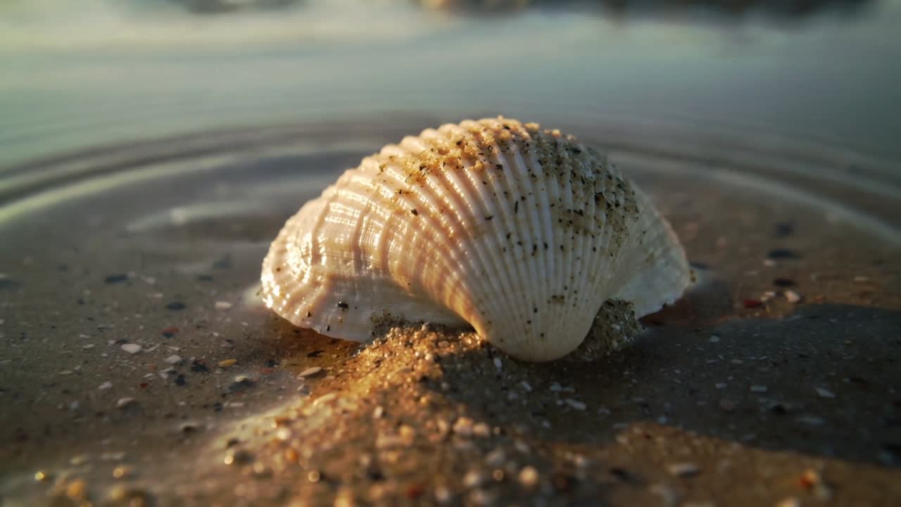 Una ola que se acerca empuja una concha marina blanca estriada en la orilla mojada, depositando diminutos granos de arena.