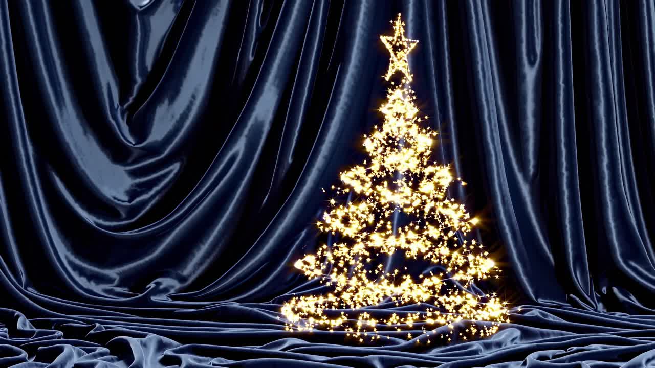 A sparkling Christmas tree made of lights against a dark, silky backdrop