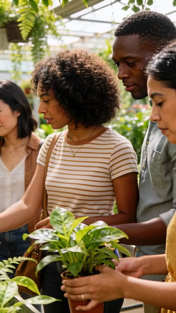 Diverse Group of Friends Shopping for Plants in a Greenhouse