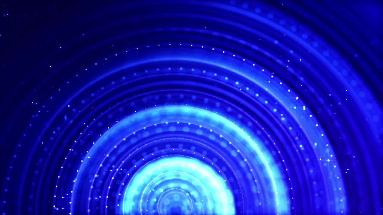 빛나는 파란색 입자는 선, 표면, 복잡한 둥근 구조를 형성하고 마이크로 월드 또는 공간과 같은 부드러운 움직임을 나타니다. bokeh 및 빛 효과와 함께 4k 루프 sf 입자 배경.