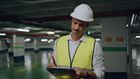 uniform man putting notes at underground space closeup. serious foreman writing