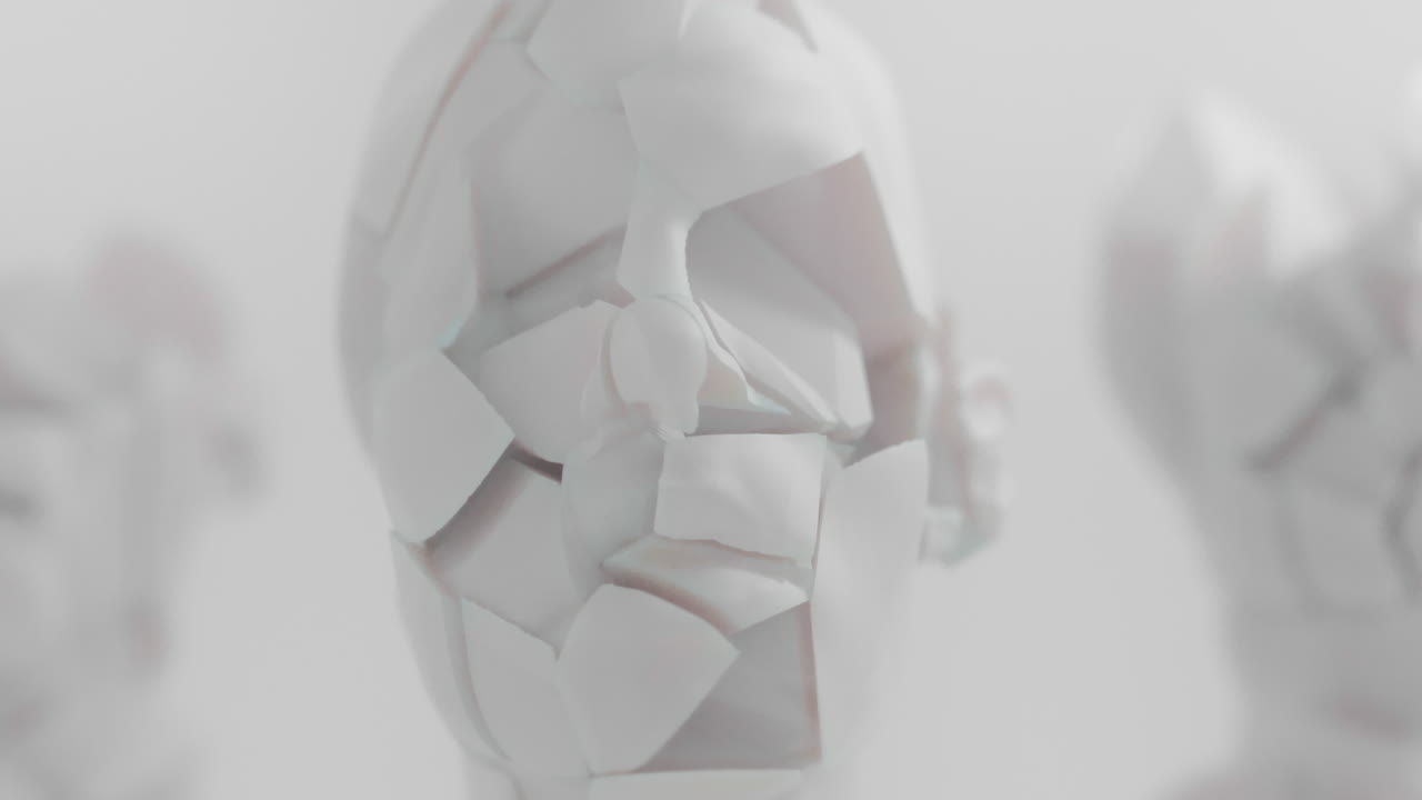 Three crushed android heads on spikes in white space