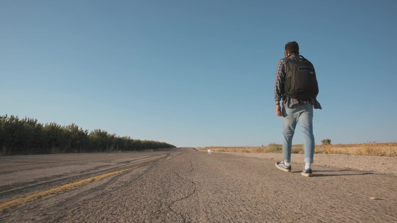 A digital nomad walking with his dog