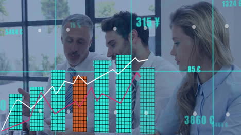 Animation-of-graphs,-changing-numbers,-currency-symbols,-caucasian-coworkers-sharing-ideas-in-office