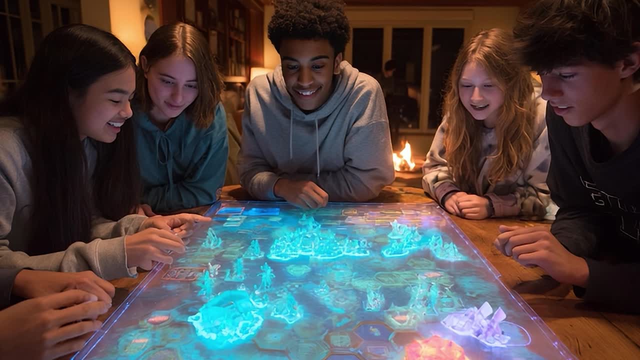 Amigos se divertem com um jogo de tabuleiro interativo em uma sala de estar aconchegante