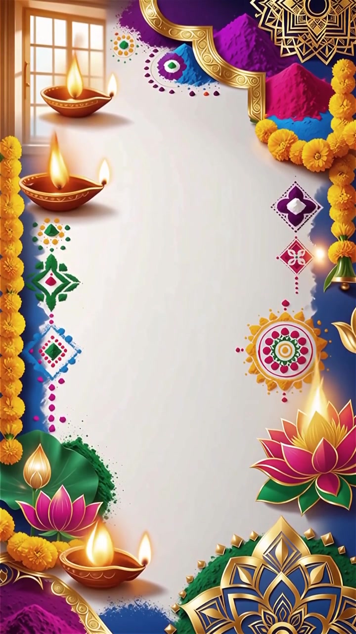 Sfondo Diwali con Diyas luminosi, Rangoli e fiori di loto