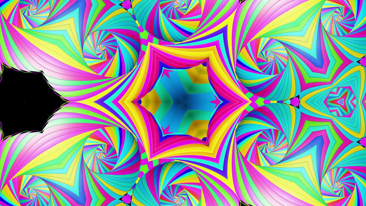 Looped abstract symmetrical background, 3d elements light up like bulbs with multicolor neon light. Bg for show or events, exhibitions, festivals or concerts, music videos, VJ loop for night clubs.