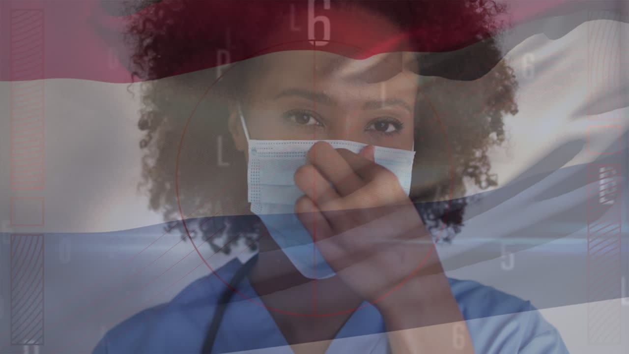 숫자와 네덜란드  ⁇ 발의 애니메이션 아프리카계 미국인 여성 의사가 얼굴 마스크를 쓰고 있다