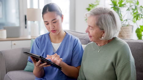 tablet, help and nurse with old woman on sofa