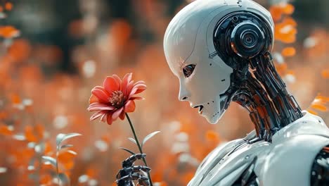 robot with a flower in a field