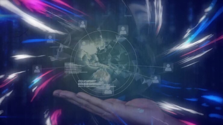Animation of lights, colorful smudges and hand holding globe on dark blue background