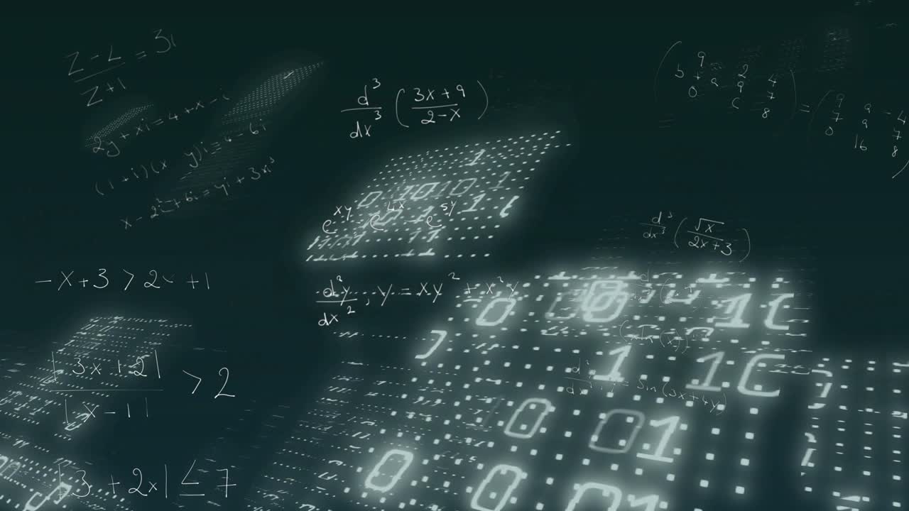 Camera pushing forward starting grid tiles sliding rotating as binary digits visualizing data
