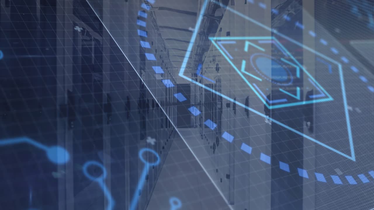 HUD overlays fading in, server-rack corridor showing rotating graphics and visualizing data flow