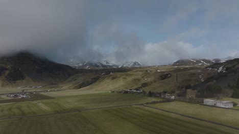 Beautiful-Landscape-of-Small-Rural-Iceland-Town-of-Skogar,-Iceland---Aerial