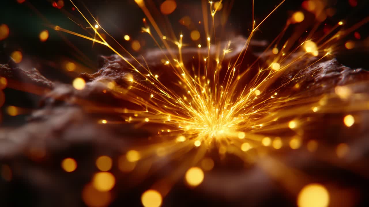 Dynamic Explosive Sparks Emanate from a Volcanic-like Eruption, Creating a Dazzling Display of Bright Golden Light and Radiating Energy Particles