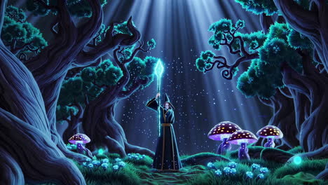 a wizard in a glowing forest