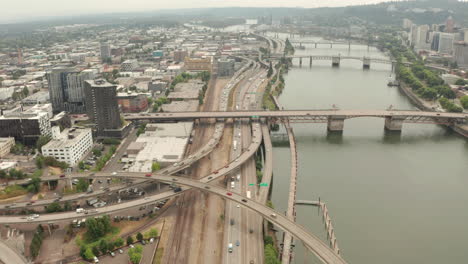 circling aerial shot over the i-5 interstate through portland oregon