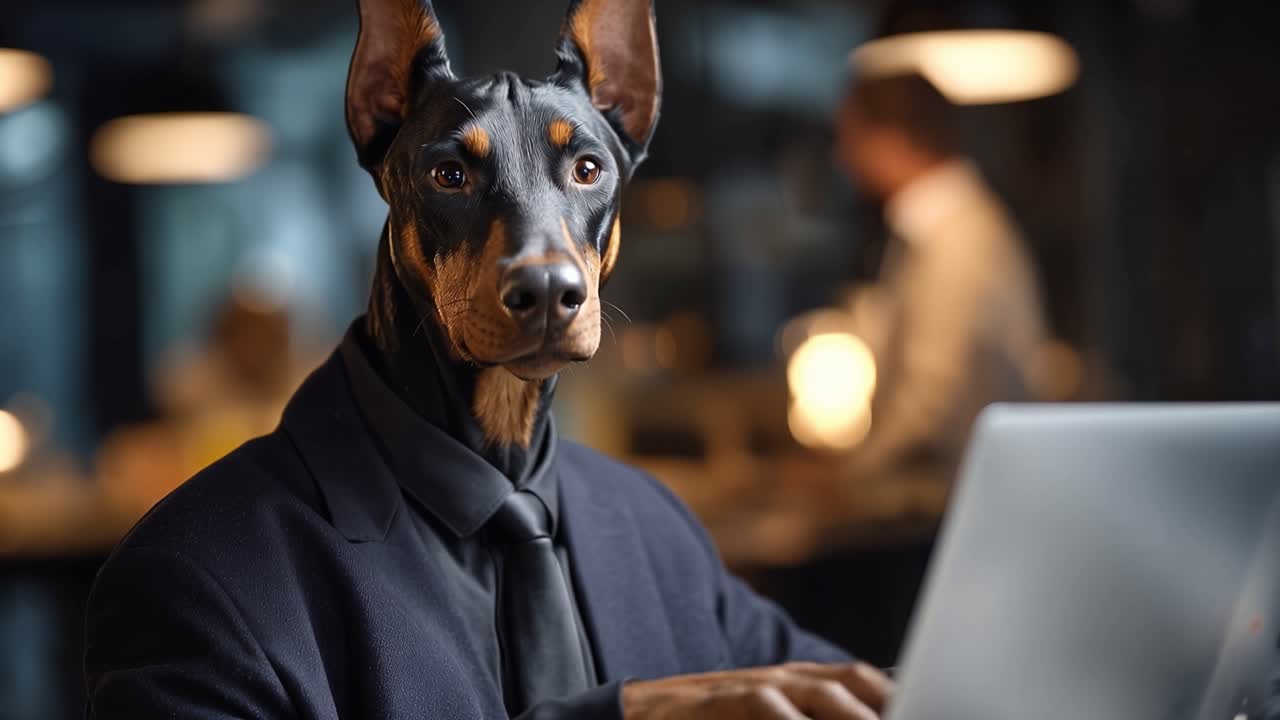 Skupiony doberman pinczer siedzi przy laptopie. Oczy śledzą ekran z poważną uwagą. Ton sugeruje poświęcenie, profesjonalizm lub humor. Idealny do projektów biurowych, biznesowych lub związanych z technologią.