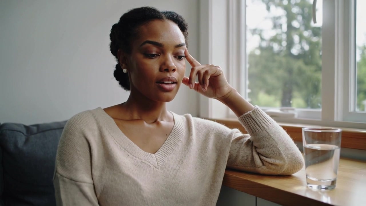 Pressing temples feeling tension, woman in beige sweater on sofa by window resting on wooden sill